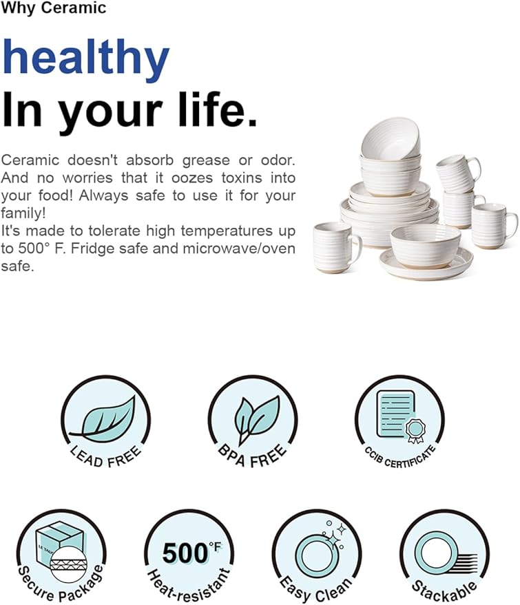 LE TAUCI Dinnerware Sets 16 PCS Stoneware Plates and Bowls Set House Warming Wedding Present Serve for 4 (10 Dinner Plates + 8 Salad Dish + 28 oz Cereal Bowl+12oz coffee mugs) x 4 Arctic White
