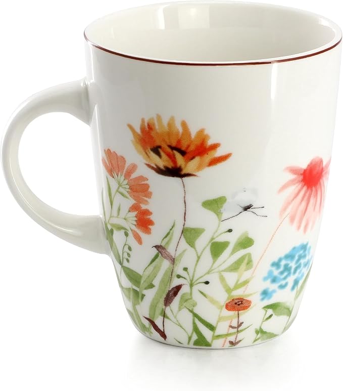 Wildflower Meadow 16 Piece Stoneware Dinnerware Set – White Dinner Plates with Floral Design Bowls and Mugs – Microwave &amp Dishwasher Safe
