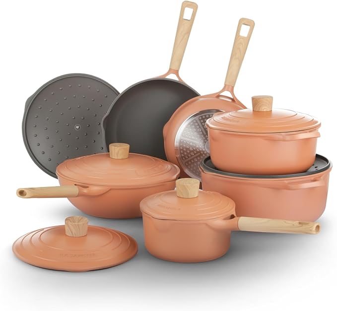12Pcs Pots and Pans set Nonstick Cookware set Die-cast Aluminum cookware Kitchen Induction Pots and Pans cooking set Lid design PFOA-free Orange Pink (Pink)