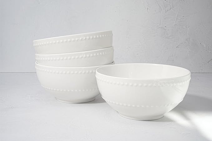 New Bone China 12 Piece Dinnerware Set Santorini Collection (Beaded) White Daily Use China Embossed Tableware Service for 4