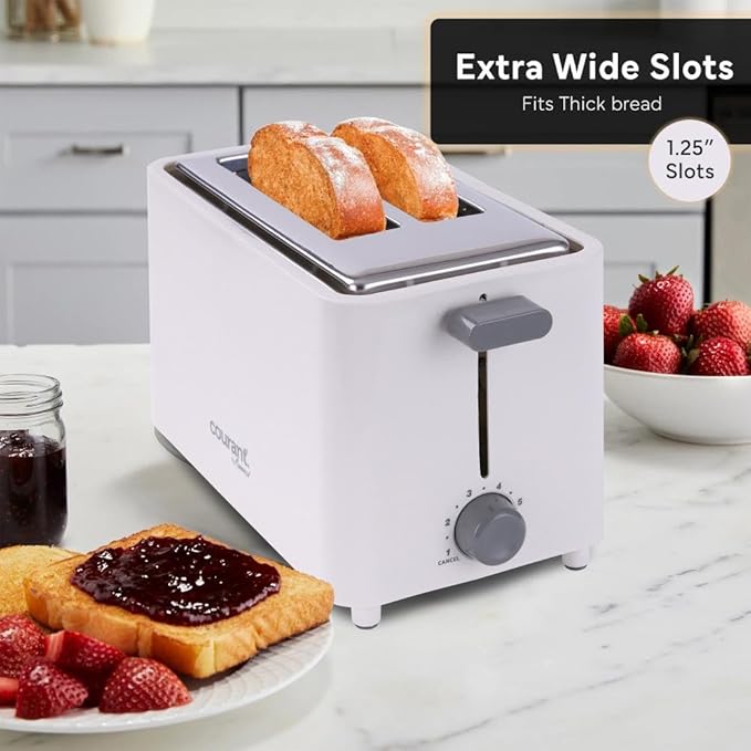 Courant 2-Slice Toaster Cool Touch with Extra Wide Slots For Bread Bagels &amp Waffle with 6 Adjustable Shade Settings Crumb Tray &amp Cancel Function Extra-Lift Feature compact Design – White