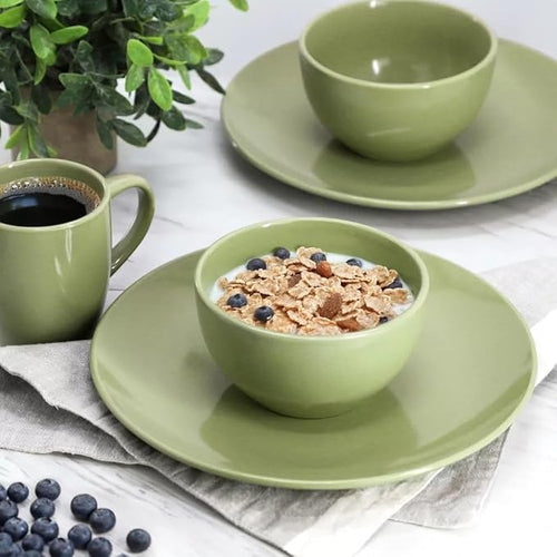 12 Piece Stoneware Dinnerware Set – Round Plates Bowls &amp Mugs for 4 Dishwasher &amp Microwave Safe Modern Matte Finish (Sage Green)