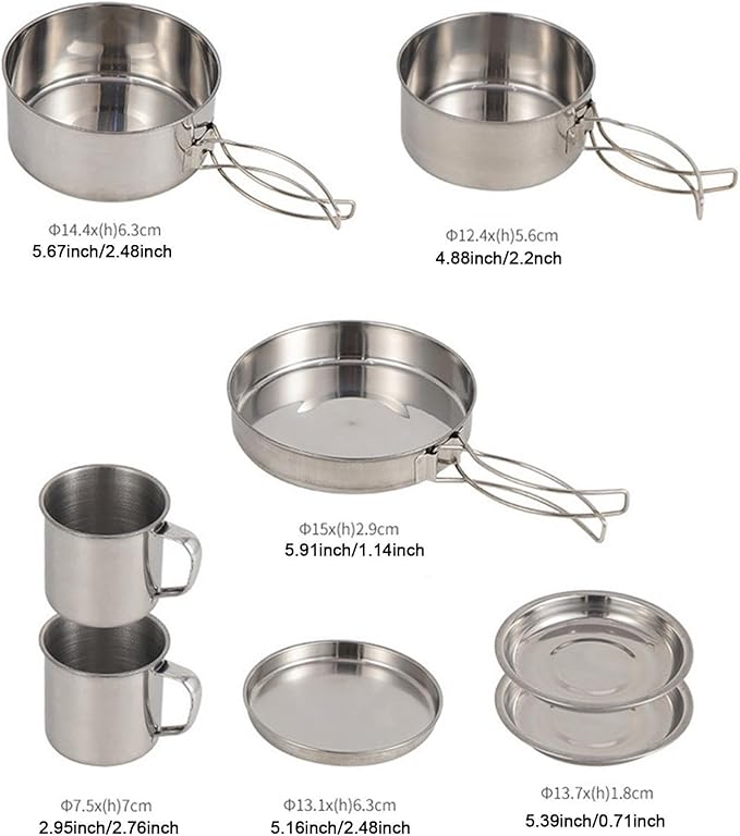 8X Camping Cookware Mess Kit Camping Utensils Set Folding Handle Cookset Pot Pan Cup Gear Outdoor Cutlery for Fishing Outdoor