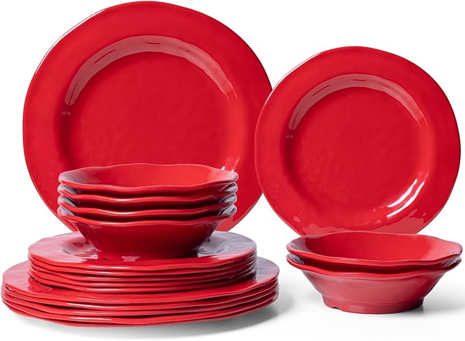 LEHAHA Red Melamine Dinnerware Sets 18-Piece Melamine Dishes Set Lightweight and Chip Resistant Durable Plates and Bowls Set Safe for Daily Use Dishwasher Safe Service for 6