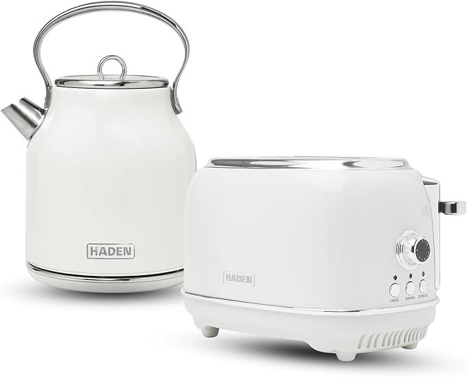 Haden Heritage 1.7 Liter Stainless Steel Body Retro Electric Tea Kettle with 2 Slice Wide Slot Stainless Steel Bread Toaster White