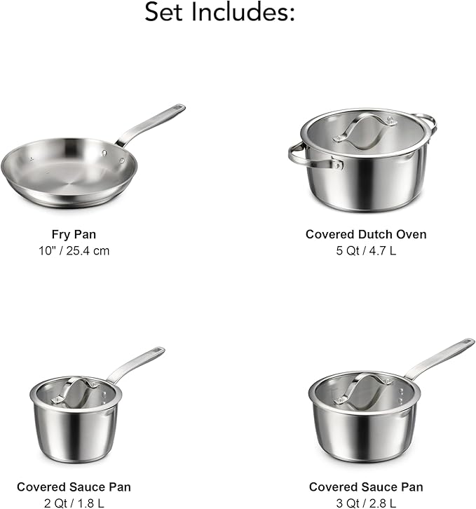 Tramontina Tempo Tri-Ply Base Stainless Steel 7-Piece Cookware Set with Glass Lids Pots and Pans Kitchen Set Induction-Ready Oven-Safe Dishwasher-Safe