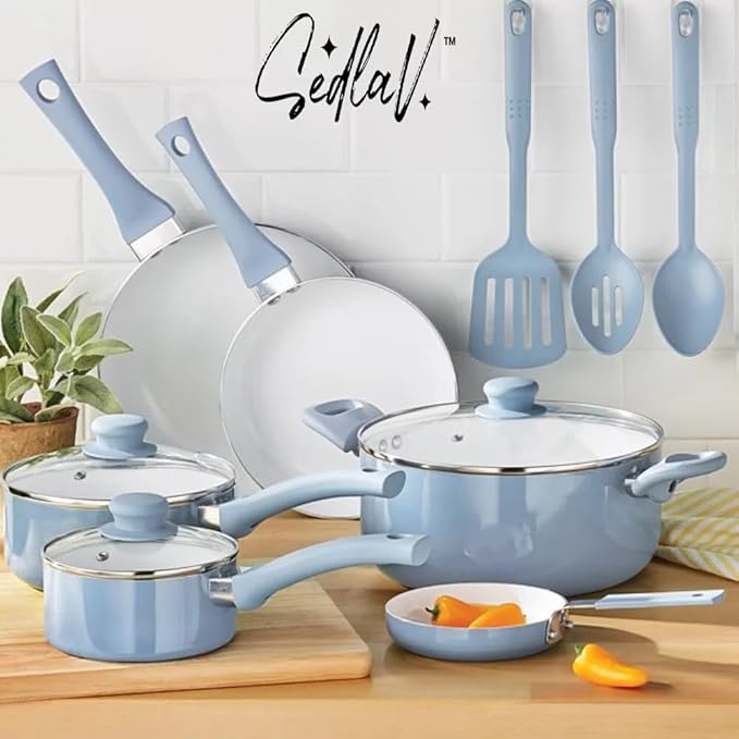 SEDLAV 12-Piece Ceramic Cookware Set - Blue Linen Finish for Stylish and easy Cooking