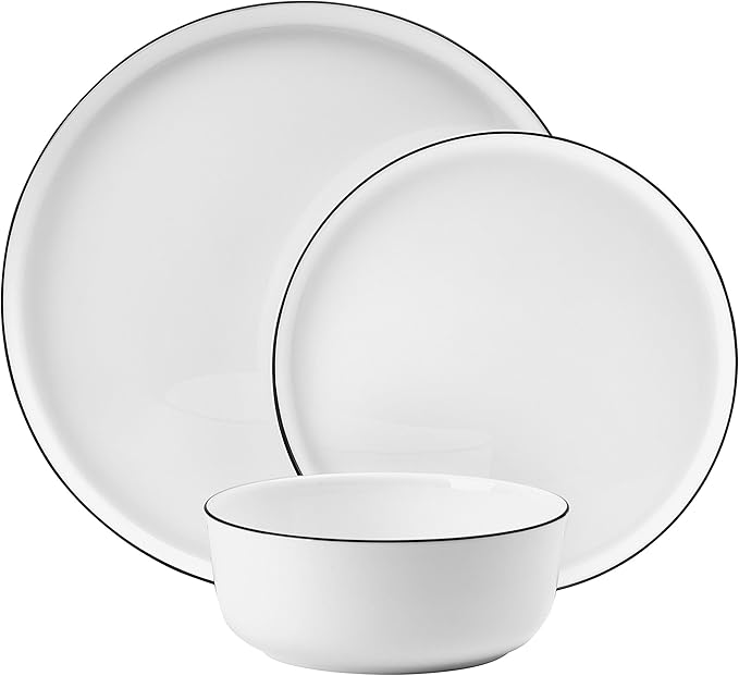 Mikasa Samantha 12 Piece Bone China Dinnerware Plate and Bowl Set Service for 4 Black Banded Rim Chip-Resistant Lightweight Durable White