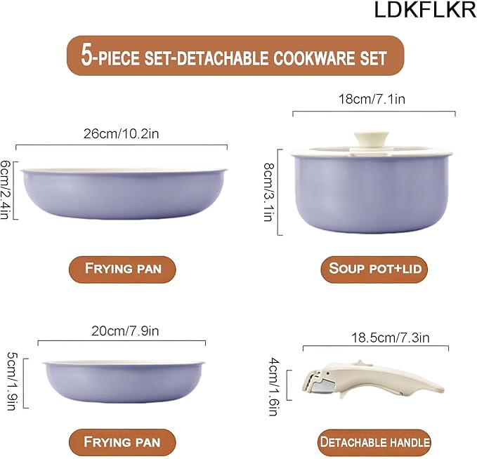 Multi-Piece Detachable Cookware Set Non-Stick Pots and Pans Set with Removable Handles Cooking Set Oven Safe Stackable Universal for All Stoves5PcPurple