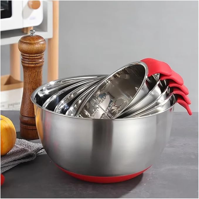 Stainless Steel Salad Mixing Bowl With Scale Non-Slip Silicone Lid Base Egg Beater Fruit Bowls Kitchen Utensils(22cm)
