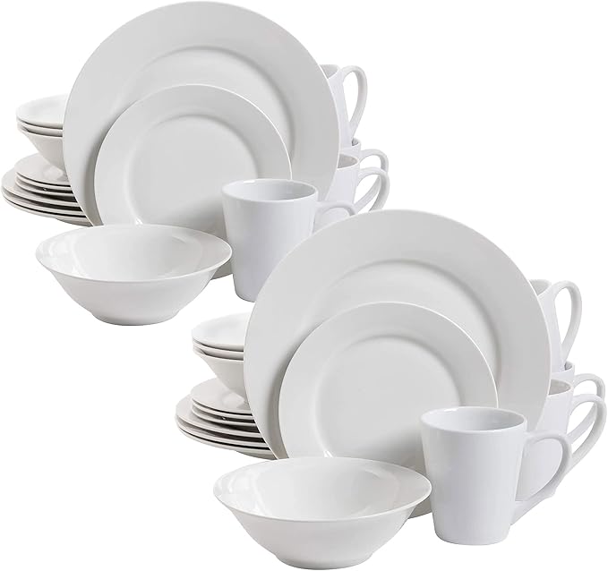 Gibson Home 102563.16RM Classic Porcelain Zen Buffet 16 Piece Round Dinnerware Set with Multi Sized Plates Bowls and Mugs White (2 Pack)