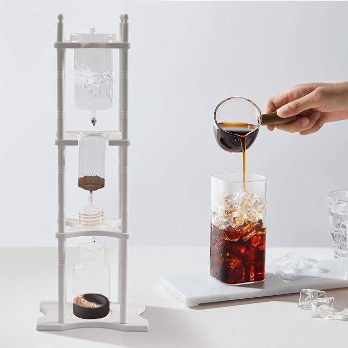 LOYALHEARTDY Commercial Cold Brew Drip Tower 25 Cups Retro Manual Iced Coffee Maker with Glass Container Wood Stand Ice Cold Brew Dripper Coffee Maker for Party Coffee Shops -20~300℃ White