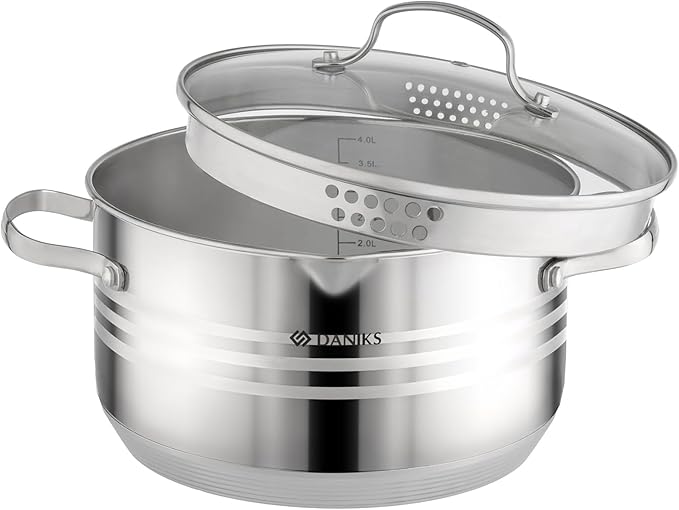 Daniks Tokio Stainless Steel Stock Pot 4.5 Quart with Glass Strainer Lid Induction Ready Dishwasher Safe Measuring Scale Silver