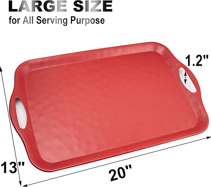 Extra Large Serving Tray with Handles 20x13 inch Set of 2 Melamine Platters for Serving Food Turkey Cookie Rectangular Trays for Eating Raised Dots Matt Finished Dishwasher Safe Red