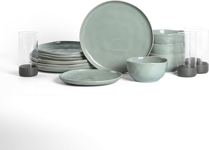 Stone Lain Mirella 16-Piece Dinnerware Set Stoneware Borosilicate Glass Light Green
