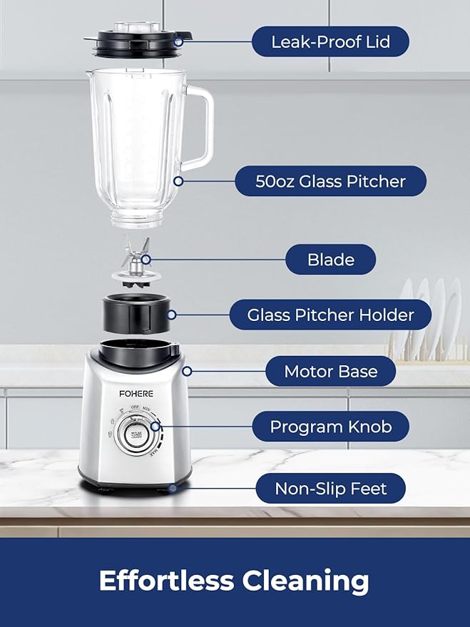 FOHERE Professional Blender Peak 1300W Countertop Blender with 3 Presets＆ 5 Speeds for Smoothies Shakes and Frozen Drinks 50 Oz Glass Jar ＆20 Oz Tritan Jug