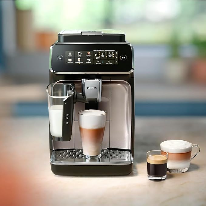 PHILIPS 3300 Series Fully Automatic Espresso Machine - LatteGo Milk System 5 Coffee Varieties Intuitive Touch Display SilentBrew 100% Ceramic Grinder AquaClean Filter Glossy Black (EP3347/90)