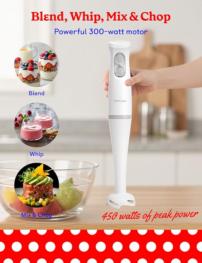 Betty Crocker 2-Speed Hand Blender with 20-Ounce Mixing Beaker Immersion Blender 300W Motor 450W Peak Power Soft-Touch Pulse Control Stainless Steel Blade BPA Free BC-4307W White