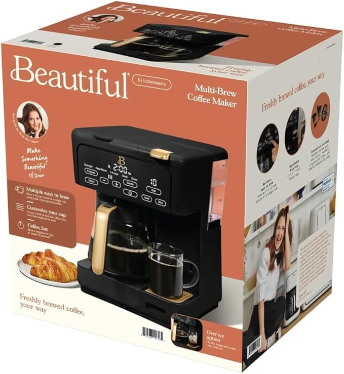 Beautiful Multi-Brew Commercial-Grade 12-Cup &amp Single-Serve Coffee Maker with Over Ice Option for Business and Personal Use by Drew Barrymore (Black Sesame)