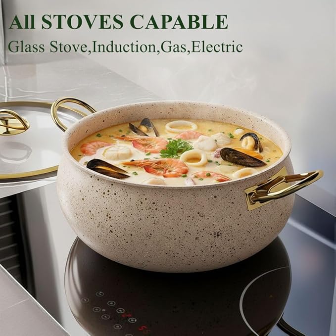 Fully Clad 5-Ply Stainless Steel Cookware Set 12Pcs Nonstick Pots and Pans Set with Stay-Cool Handles Induction Compatible Stackble Design Includes with Frying Pan Saucepans and Saute Pan (Beige)