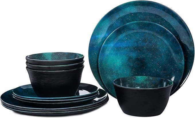 Melamine Dinnerware Sets for 4 12pcs Plates and Bowls Sets for Daily Use Dishwasher Safe BPA-free Teal Green