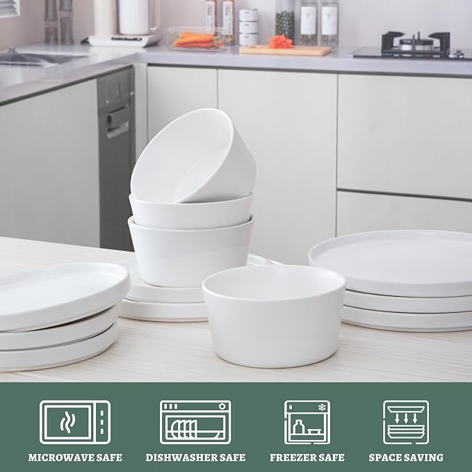 Asrug 12-Piece Plates and Bowls SetsCeramic Dinnerware Sets for 4 Chip Resistant and Scratch Dish Set Dining Dinner Porcelain Dishware Microwave and Dishwasher SafeWhite Matte