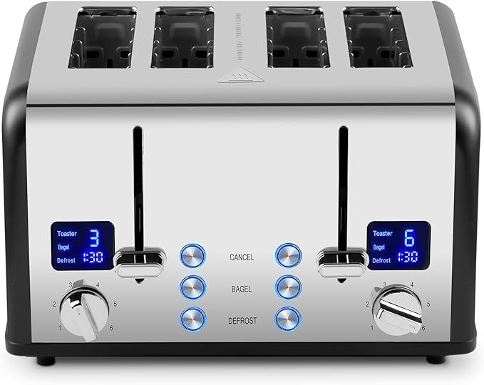 CUSIMAX 4 Slice Toaster with Smart LED Display Stainless Steel Toaster with Exart Wide Slots 6 Shade Settings Bagel Defrost and Cancel Fuction 1650 Watts Removable Crumb Trays Black