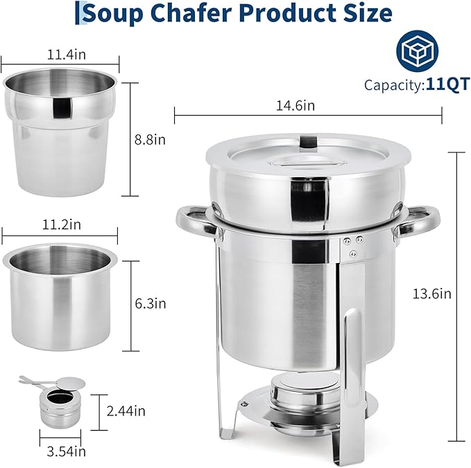 11QT 4-Piece Stockpot Set Stainless Steel Round Stockpot with Pot Grooved Lid and Fuel Rack Commercial Food Warmer for Buffets Events and Party Serving