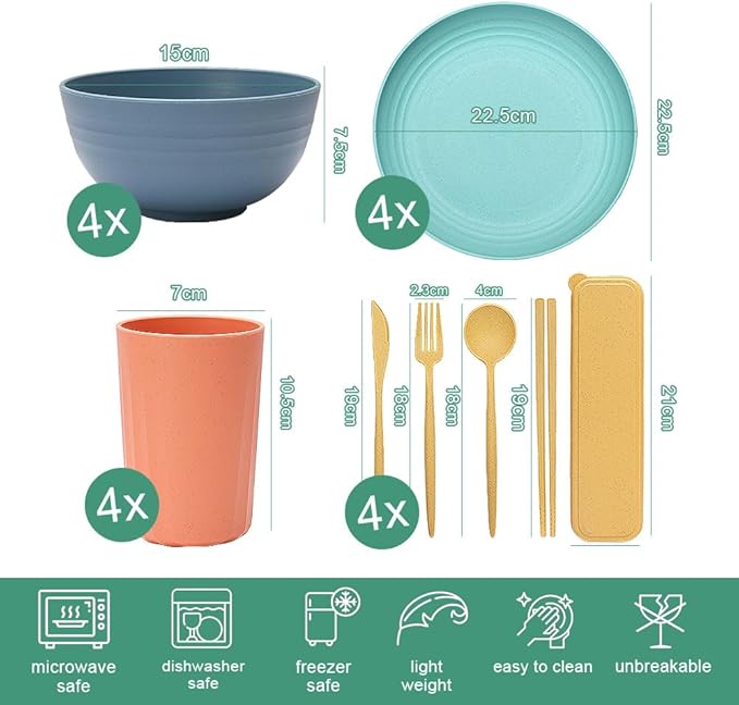 Wheat Straw Bowls Cups And Plates 32-Piece Cutlery Set Wheat Straw Dinnerware Sets 32 Piece Unbreakable Wheat Straw Dinnerware Sets Reusable Wheat Straw Plates And Bowls Sets (Blue)