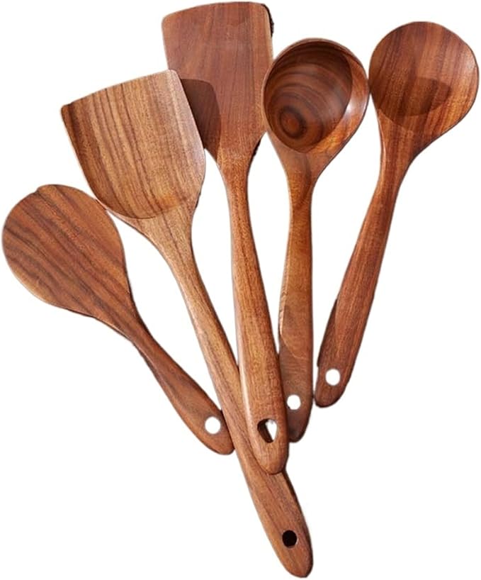 5-Pieces Wooden Kitchen Utensils Set Heat Cooking Tools for Home &amp Restaurant Odor-Free Kitchenware