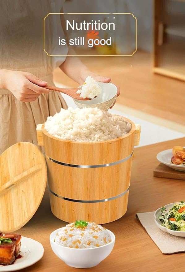 Wooden Rice Barrel Rice Steaming Barrel Rice Mixing Barrel Wooden Storage Barrel Rice Cooking Barrel with Lid for Home Restaurant(33 * 30 * 28cm)
