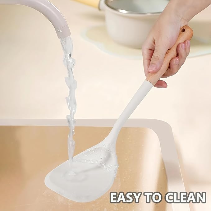 Silicone Cooking Utensils Set 5 Pcs Large Non-Stick Kitchen Utensils Set Wooden Handle Heat Resistance Turner Soup Ladle Spoon Silicone Cooking Kitchen Gadgets BPA Free for Nonstick Cookware