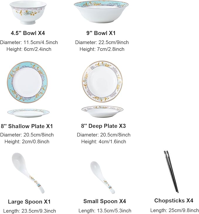 18 Piece Bone China Dinnerware Set for 4 People Handmade Flower Ceramics Dinner Sets Plates and Bowls Sets for 4 Gift for Porcelain Tableware Set Oven Microwave &amp