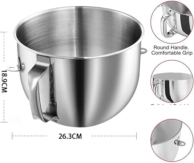 7QT Stainless Steel Mixer Bowl Compatible for Kitchenaid 7QT Tilt-Head Mixers KSM70SKXXV8 KSM70SKXXCA KSM70SKXXBK with Handle