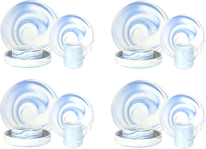 20 Piece Plates and Bowls Sets Fine China Artisan Marbled Dinner Set for 4 Dishwasher Safe Dinnerware Set Scratch Resistant Blue