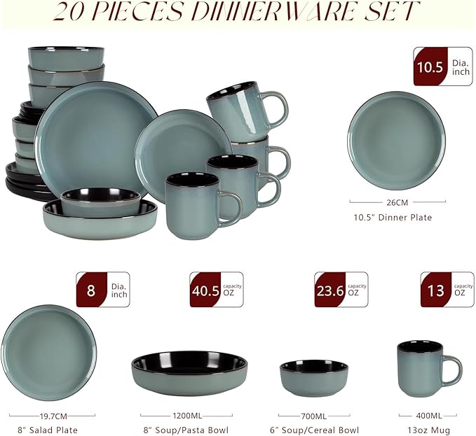 HomeVSS 20-Piece Dinnerware Set - Serves 4 Reactive Glaze Green Plates &amp Bowls Set | Microwave &amp Dishwasher Safe Dishes Set