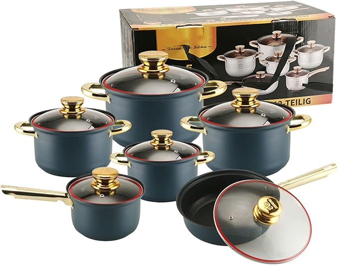 12pcs Pots and Pans Set Non Stick Stainless Steel Kitchen Cookware Sets Induction with Visual Lid Cooking Set Includes Soup Pot Frying Pan Milk Pot for Oven &amp Dishwasher SafeA