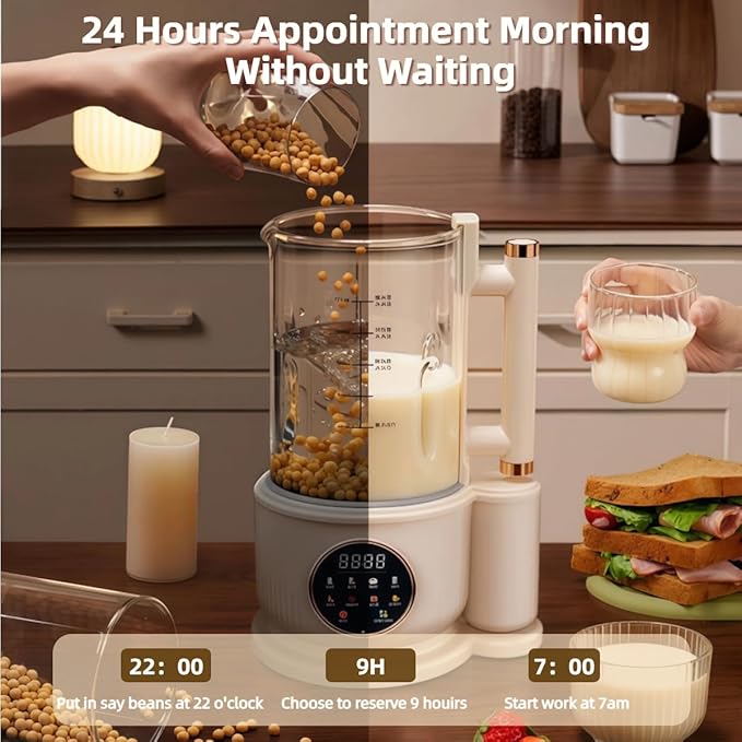 8-in-1 Silent Nut Milk Maker with 10 Blades1000ml Large Capacity LED Display Delay Start Keep Warm Self-Cleaning for Soy Milk Almond Milk Oat MilkJuice (White)