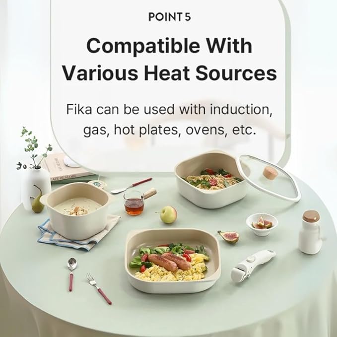 FIKA Objet Comfort 7-Piece Kitchen Nonstick Healthy Cooking Cookware Set with Lid Detachable Handle Induction Compatible All-in-One Kitcheware Easy to Store Great Gift Made in Korea (IVORY)