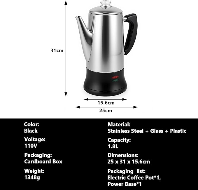 Electric coffee maker 12-cup capacity stainless steel construction automatic heating with boil-dry protection heat-resistant handle design 360° swivel base transparent brewing indicator.