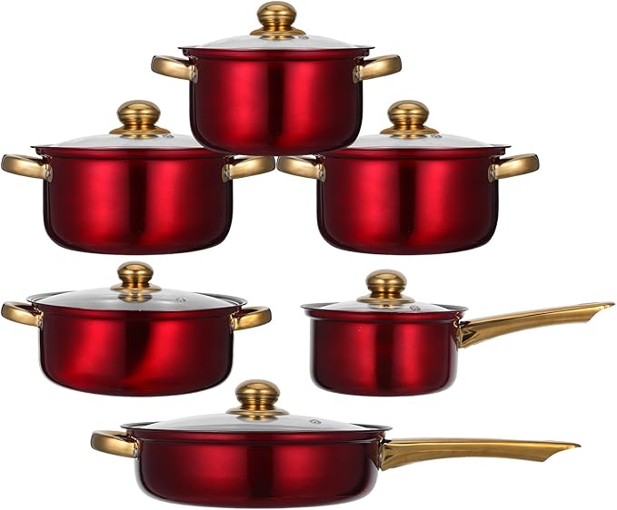 Toyvian Stainless Steel Cookware Set - 12-Piece Red Nonstick Pots And Pans With Clear Glass Lids For Induction Cooktop - Milk And Frying Pan Kitchen Essentials Dishwasher Safe