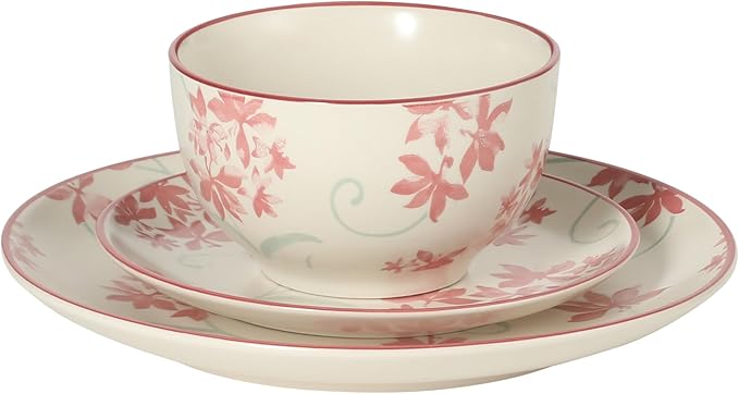 Gibson Home Admiral Hall 12-Piece Matte Stoneware Dinnerware Set – Dinner Plates Salad Plates &amp Bowls with Pink Floral Pattern Durable Everyday Dish Set Microwave &amp Dishwasher Safe