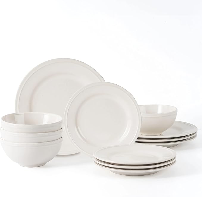 12-Piece White Stoneware Dinnerware Set Service for 4 Microwave &amp Dishwasher Safe Ceramic Plates and Bowls Set Durable Everyday Dishes for Home Kitchen