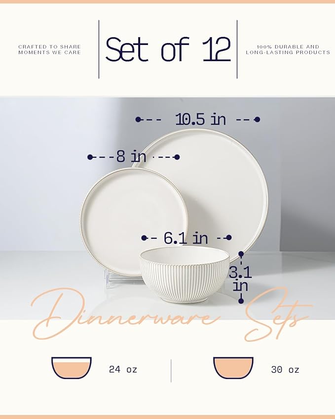 Getstar Dinnerware Sets Plates and Bowls Sets (10.5” Dish + 8” Dish + 6” Bowl) for 4 Microwave and Dishwasher Safe Ceramic Dinnerware Set (12 Piece)