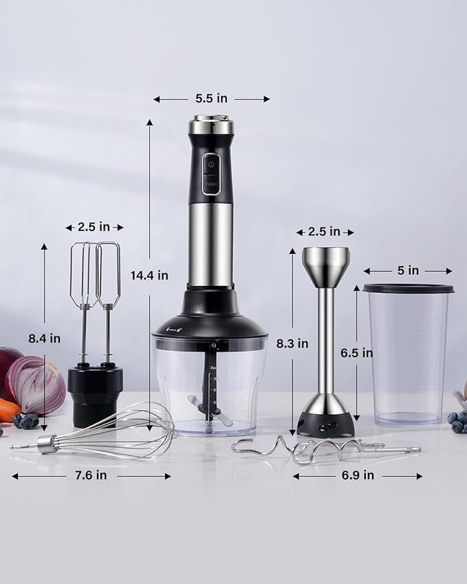 6-in-1 Immersion Blender 1000W Hand Blender with 20 Speeds Scratch-Resistant Stick Mixer with Whisk Chopper Beaker Egg Beaters &amp Dough Hooks – Heavy Duty Hand Mixer Black