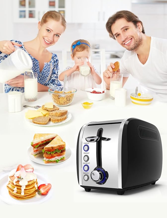 Toaster 2 Slices Stainless Steel JEWJIO Retro Toaster with 1.5 Extra Wide Slot for 6 Bread Shades Setting/Bagel/Defrost/Reheat/Cancel Function/Removable Crumb Tray 800W Matte Black