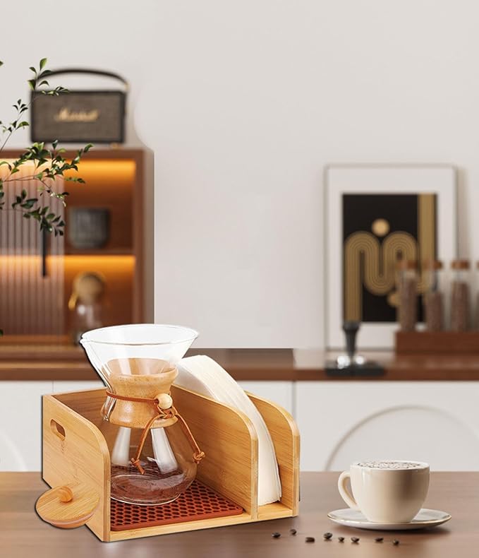 Bamboo Caddy with Lid &amp Heatproof Trivets Mat for Chemex CoffeeMakers - Designed for Chemex Pour - Over Glass Coffeemaker(3/5/6/8/10Cup) for Bodum Pour Over Coffee makers - Bamboo cup not include