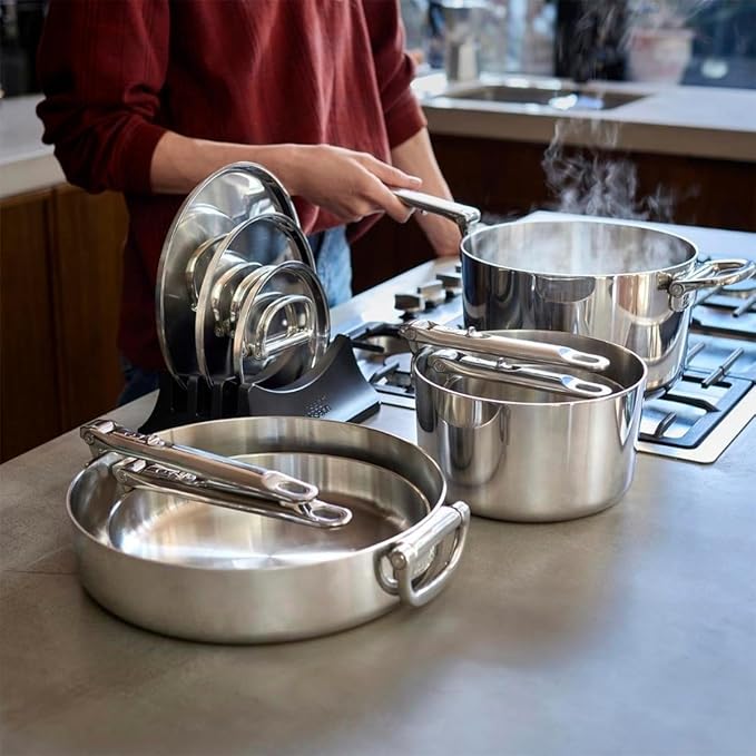 Joseph Joseph Space Steel 8-Piece Stainless Steel Sauce Pan Set with Lids Nesting with Folding Handles Induction &amp Oven Safe