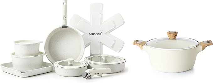 SENSARTE 17 Piece Pots and Pans Set Nonstick Detachable Handle Cookware SetPFOA Free4.5QT Ceramic Nonstick Stock Pot with LidInduction Compatible