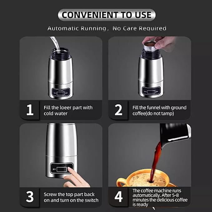 Car Coffee Machine 150ml Stainless Steel Portable Coffee Maker Dual Voltage Travel Coffee Brewer Fast Heating for Drivers Commuting Road Trips
